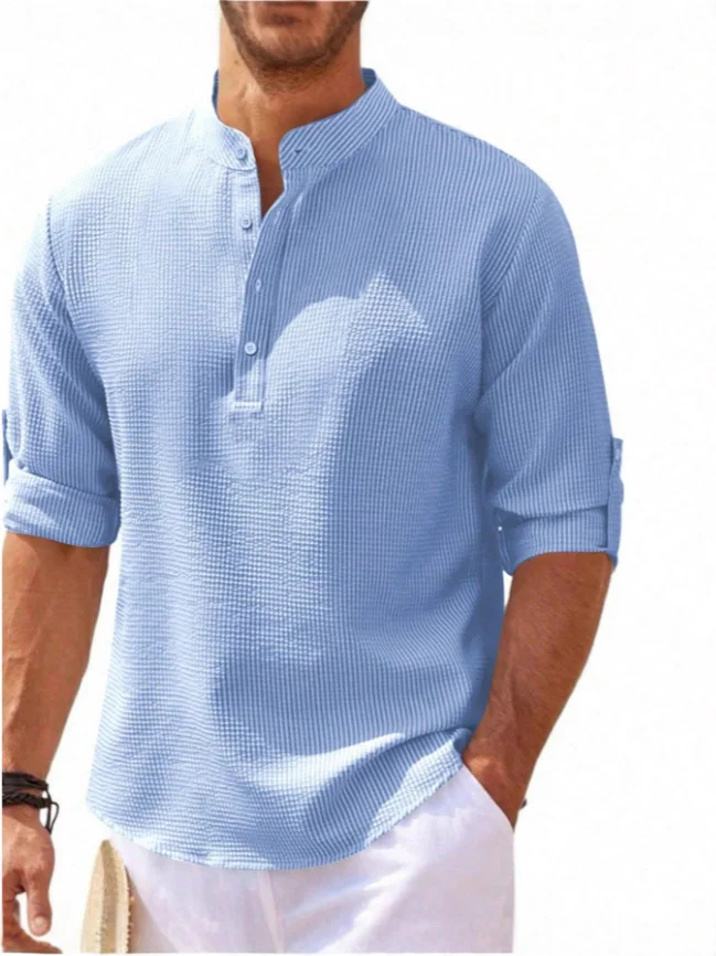 Nigikala Nigikala Men's Fashion Stand-Down Casual Long-Sleeved Shirt