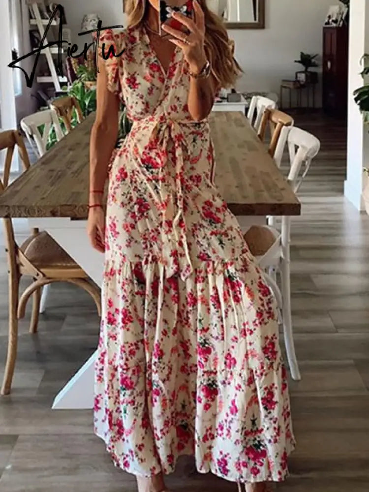 Boho Floral Print V Neck Long Beach Dress Frill Belt Lace Up Beach Cover Up Summer Vacation Beach Wear Women Tunic Honeymoon Aiertu