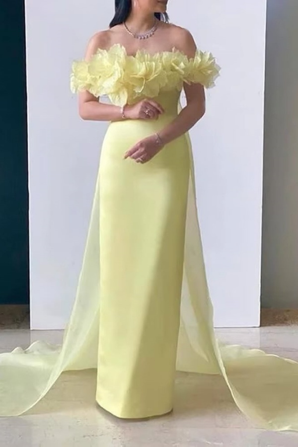 Lussooy Off-The-Shoulder Elegant Handmade Flower Prom Dress With Train 