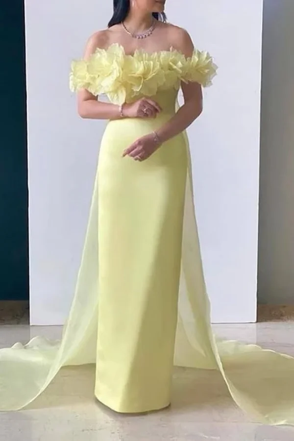 Radiant Off-The-Shoulder Handmade Flower Prom Dress With Train YK0030