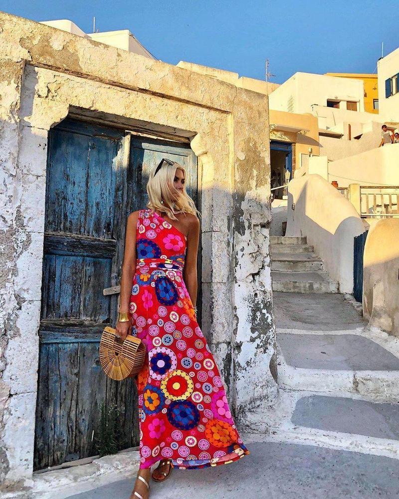 Fashion Floral Printed One Shoulder Maxi Dress-vocosishoes