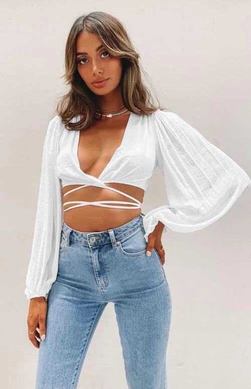 Graduation Dress Sonicelife New Women's Bandage Solid Cardigan T-shirt Super-short Top Fashion Long Sleeve Sunscreen Navel Long Lantern Sleeve Crop Top