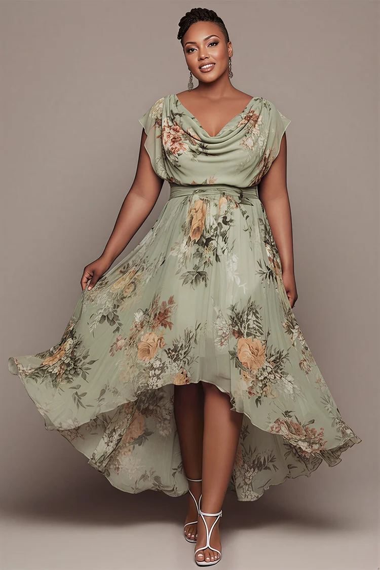 Xpluswear Design Plus Size Vacation Sage Green Floral Cowl Neck Short Sleeve Asymmetric Hem Chiffon Midi Dresses [Pre-Order] 2024 - Xpluswear