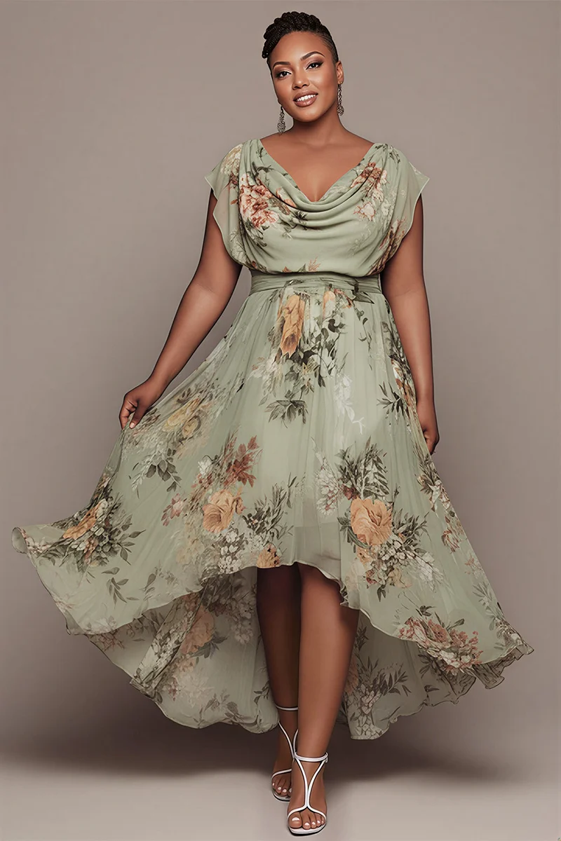 Xpluswear Design Plus Size Cocktail Party Sage Green Floral Round Neck  Short Sleeve Chiffon Midi Dresses - Xpluswear.com