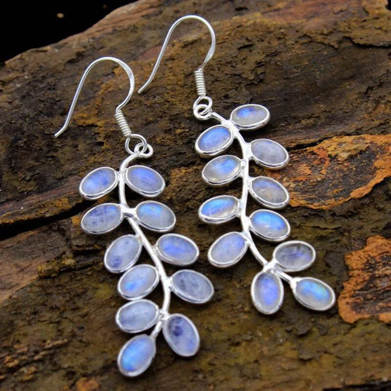 Creative Plant Leaves Oval Moonstone Earrings Gorgeous White Stone Silver Color Wedding Bridal Hook Dangle Earrings for Women