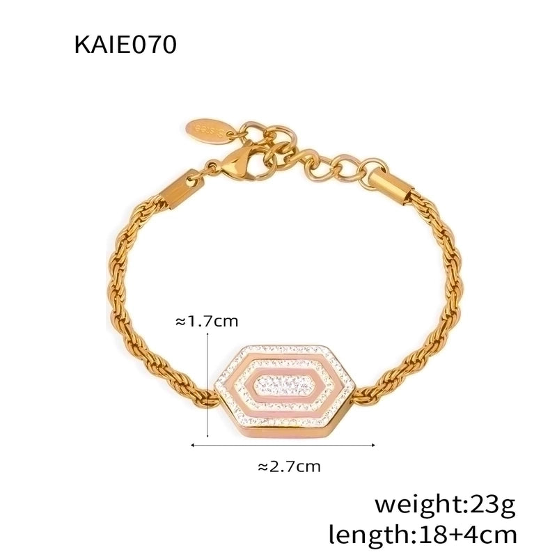 Retro Minimalist Commute Hexagon Twist Titanium Steel Rhinestones 18K Gold Plated Chain Inlay Bracelets Necklace