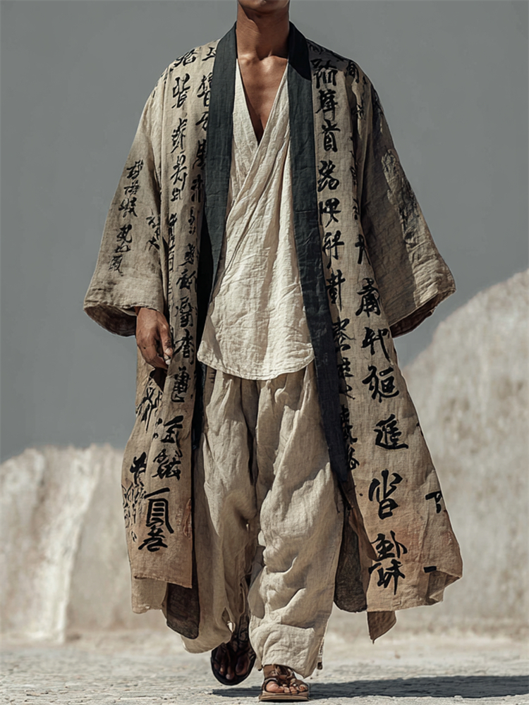 Men's Vintage Japanese Calligraphy Art Long Linen Kimono  artssus