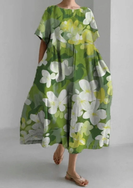 Green Flower Cotton Dresses Pockets Patchwork Summer