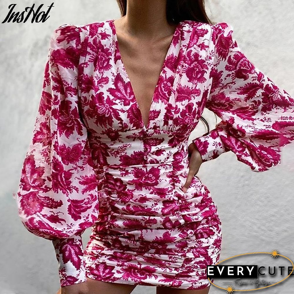 Women Sexy Deep V Neck Floral Print Long Lantern Sleeve Ruched Dress Summer Elegant Female Bodycon Party Dress Vestido
