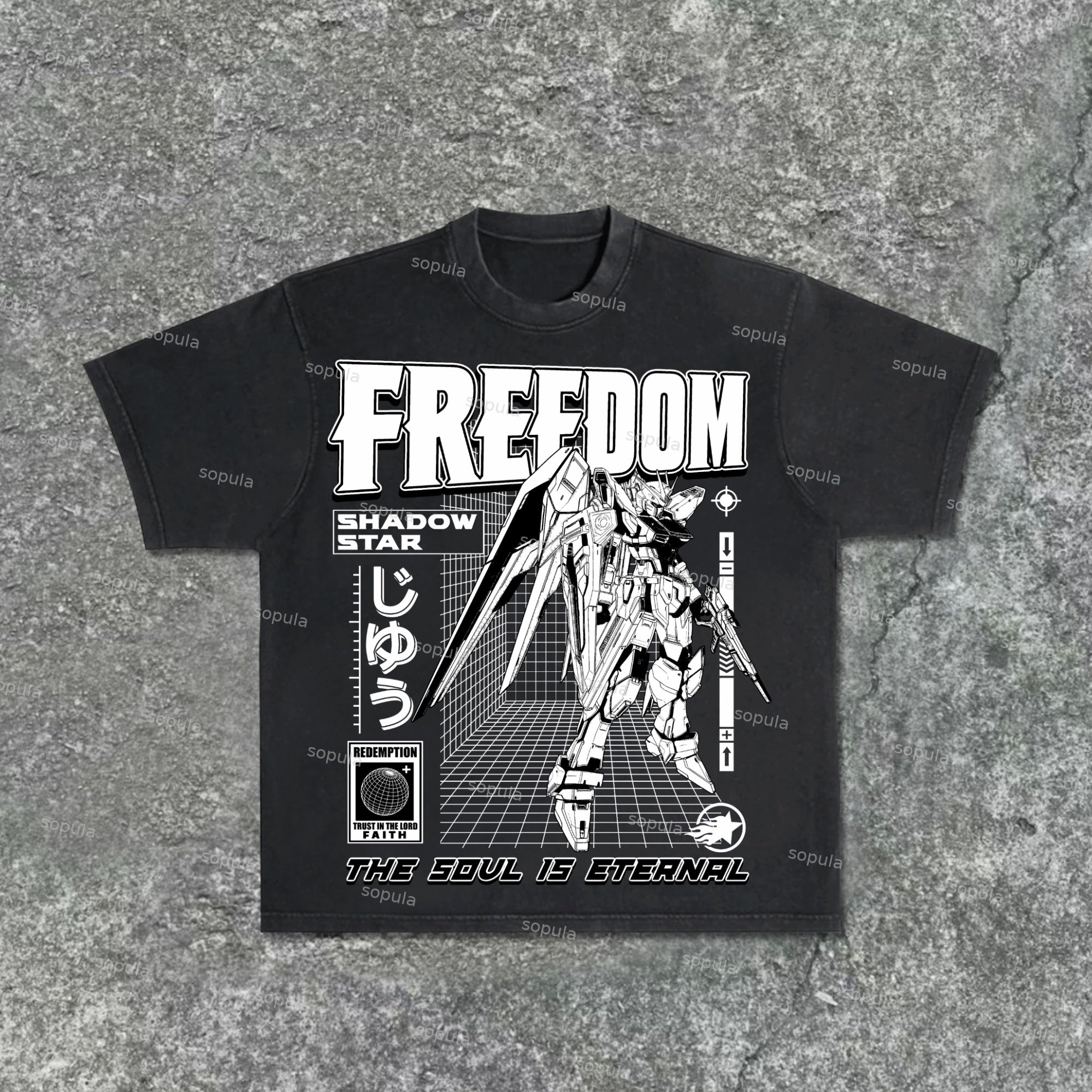 Shadowstar-Strike Freedom Gundam Pattern Print Acid Washed T-Shirt - SOPULA