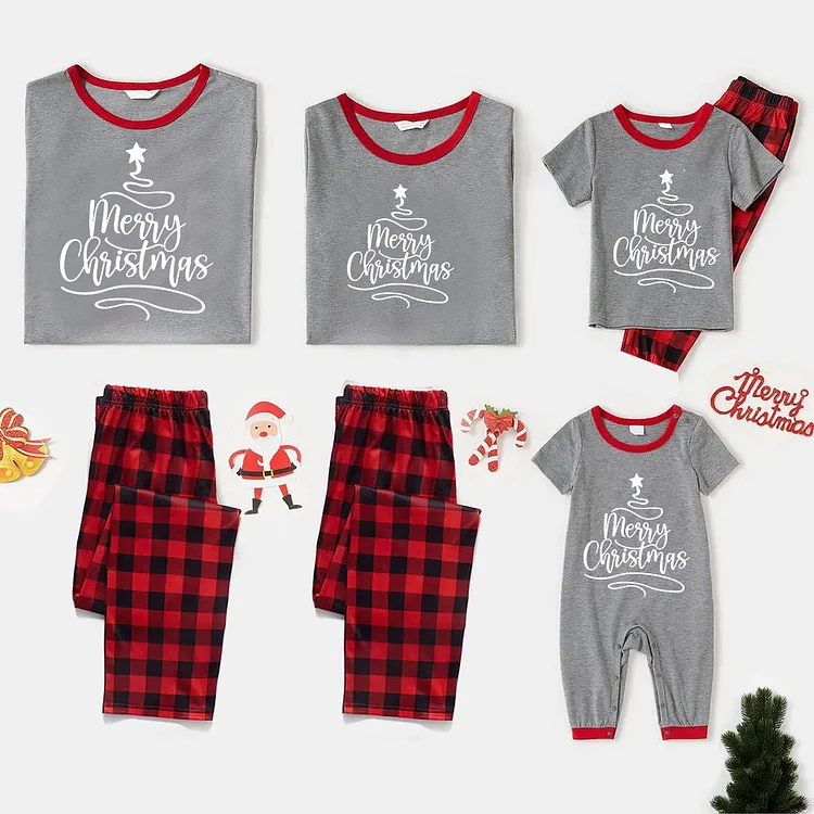 Merry Christmas Red Plaids Short Sleeve Family Matching Pajamas Sets