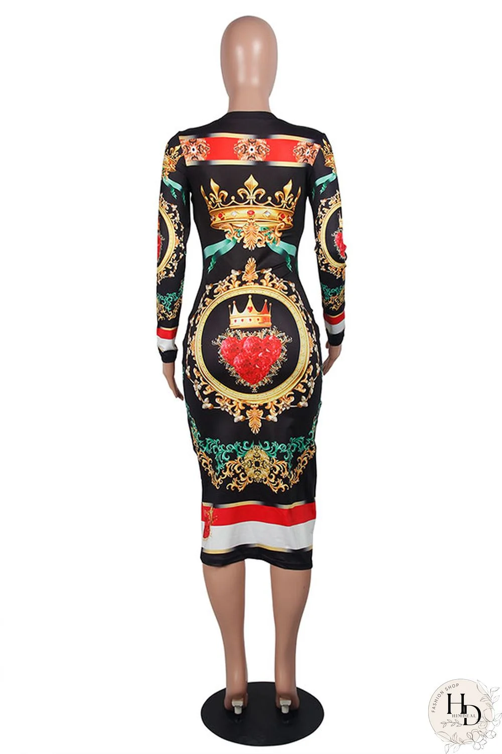 As Show Fashion Long Sleeves O neck Slim Dress Mid-Calf Print Print Dresses