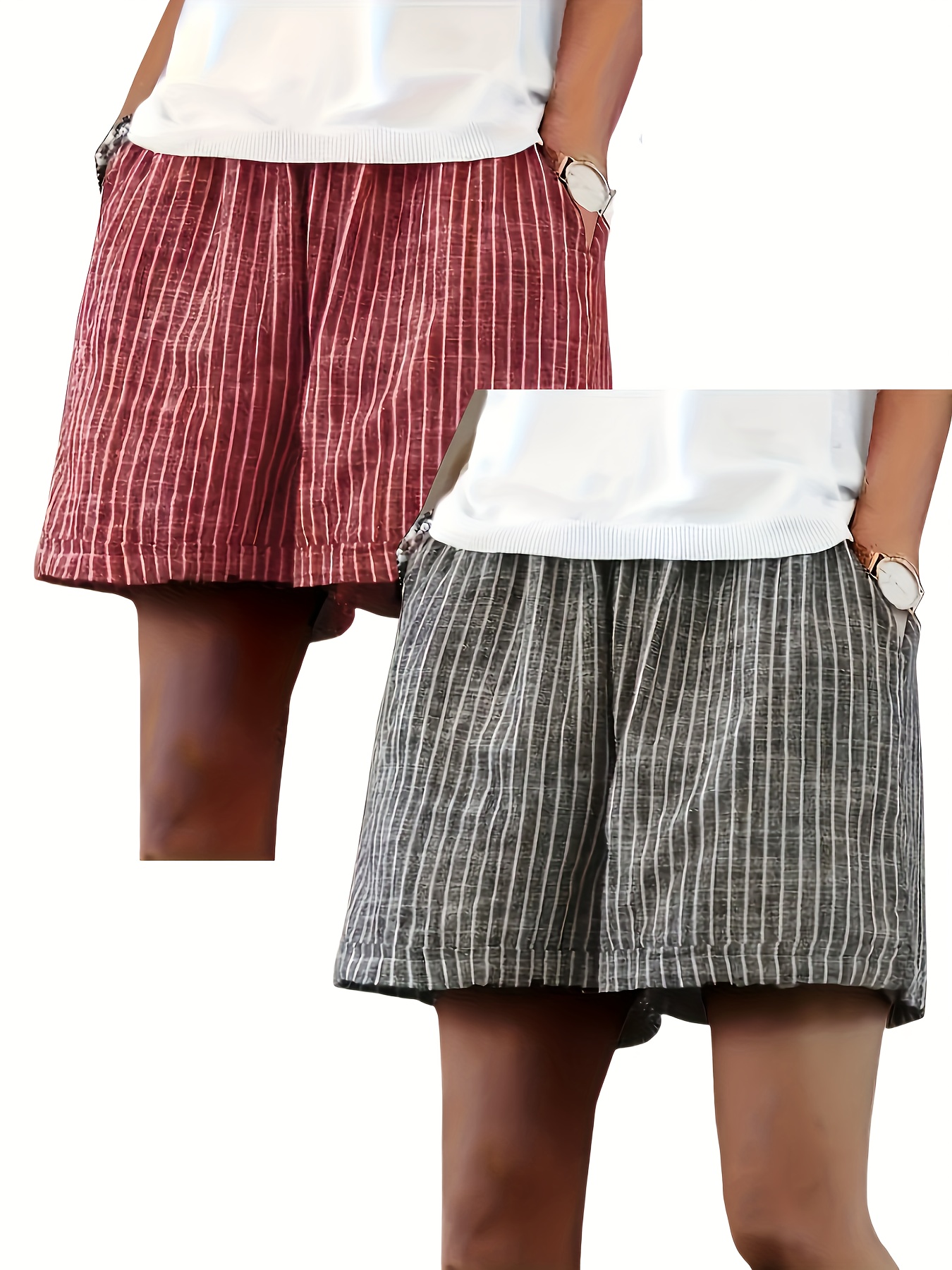 Womens 2pcs Striped Pocket Summer Shorts Casual Wide-Leg Elastic Waistband Light Blue