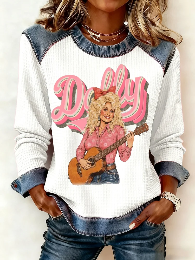 Women's Retro Western Pattern Print Crew Neck Top 