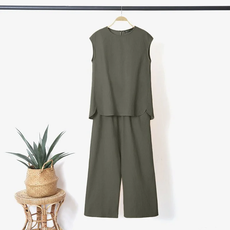 Oversized Holiday Matching Pants Sets ZANZEA 2022 Casual Sleeveless Blouses and Loow Pants Women Solid Sets Female kaftan 2PCS