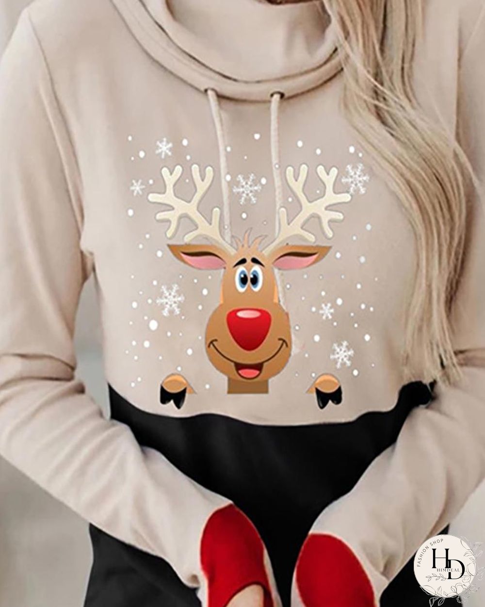 Christmas Moose Print Colorblock Hooded Top