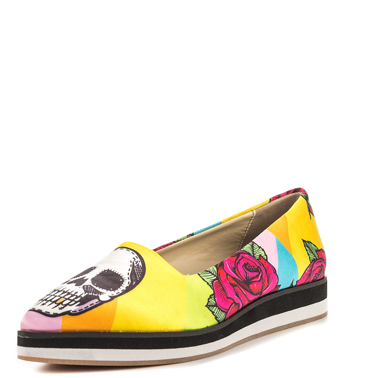 Yellow Floral and Skull Printed Pointy Toe Casual Shoes for Women |FSJ Shoes