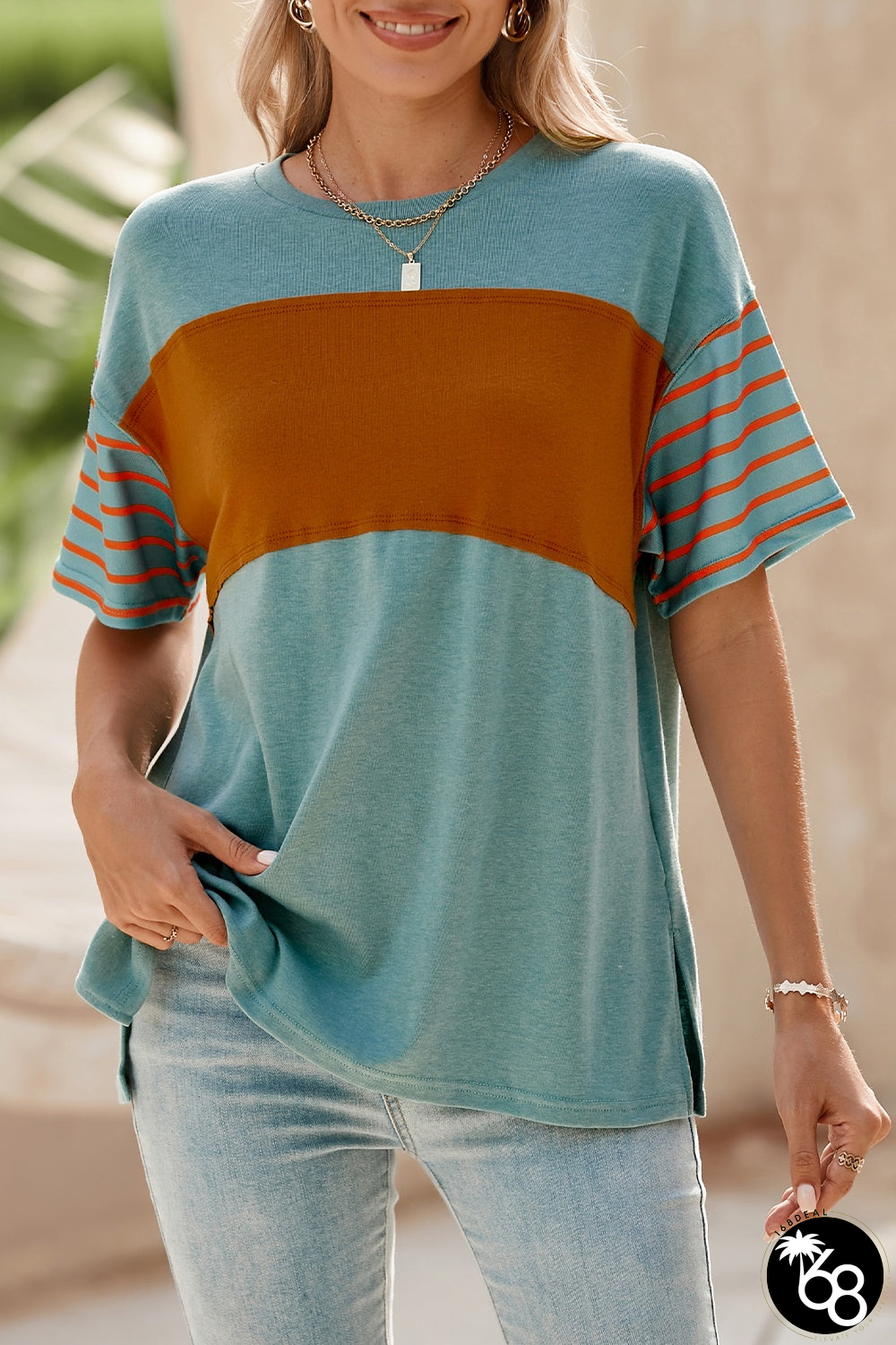 Striped Round Neck Short Sleeve T-Shirt | 168DEAL