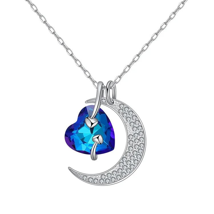 For Love - S925 No Matter How Far We Will Always See The Same Moon Blue Heart Crystal Necklace
