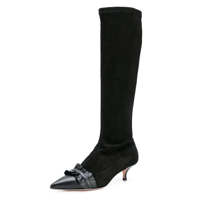 Black Pointy Toe Ruffle Kitten Heel Boots Fashion Mid Calf Boots |FSJ Shoes