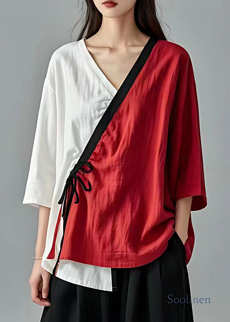 VCSHOES Red Asymmetrical Lace Up Cotton Tops Bracelet Sleeve