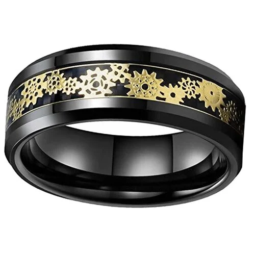 8MM Women's or Men's Tungsten Carbide Wedding Watches Gear Rings Black With Yellow Gold Watch Gear Resin Inlay Design Over Black Carbon Fiber