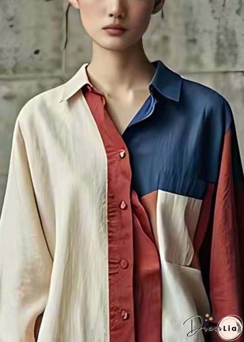 Unique Beige Asymmetrical Button Patchwork Linen Shirt Fall