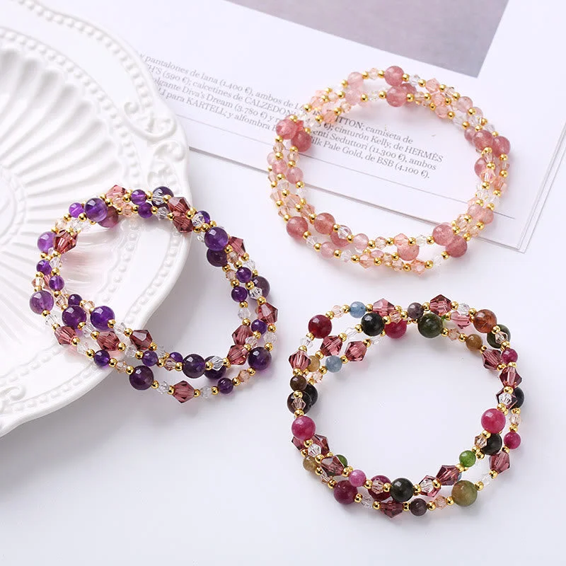 Natural Tourmaline Strawberry Quartz Amethyst Peace Wisdom Double Wrap Bracelet
