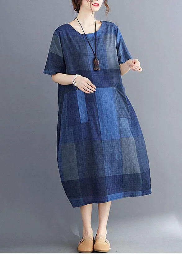 Stylish Blue O Neck Plaid Maxi Dresses Cotton Linen Summer