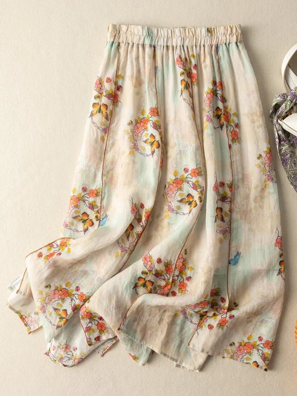 Loose Vintage Floral Print Ramie Skirt