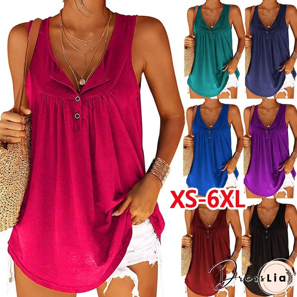 Plus Size Womens Fashion Spring Summer Clothing Casual Sleeveless Camisole Tops for Women Button Down Shirts Solid Color Loose T-shirts Ladies Cotton Silk Blouses Deep V-neck Cami Tank Tops XS-6XL