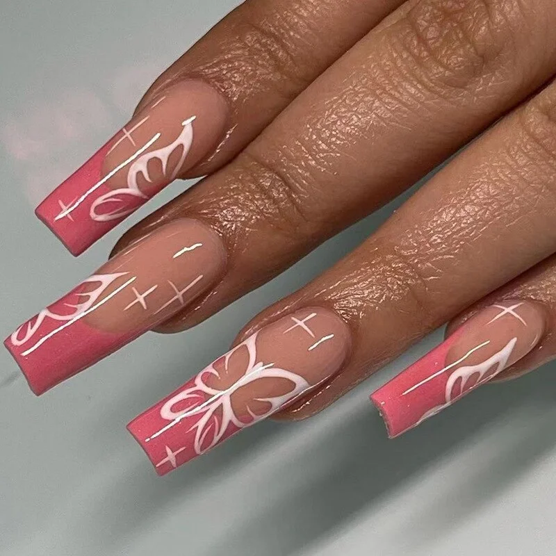 Churchf Blossoms Wearable Nail Art Long Ballet Green False Nails Fashion Detachable Finished Fake Nails Press on Nails with Glue-Nail Inspo
