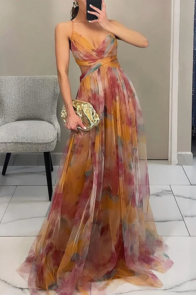 Wedding Guest Orange Mesh Floral Print Deep V Neck Cami Maxi Dress