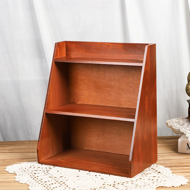 Journalsay Vintage Wooden Desktop Trapezoid Open Three-Layer Shelf