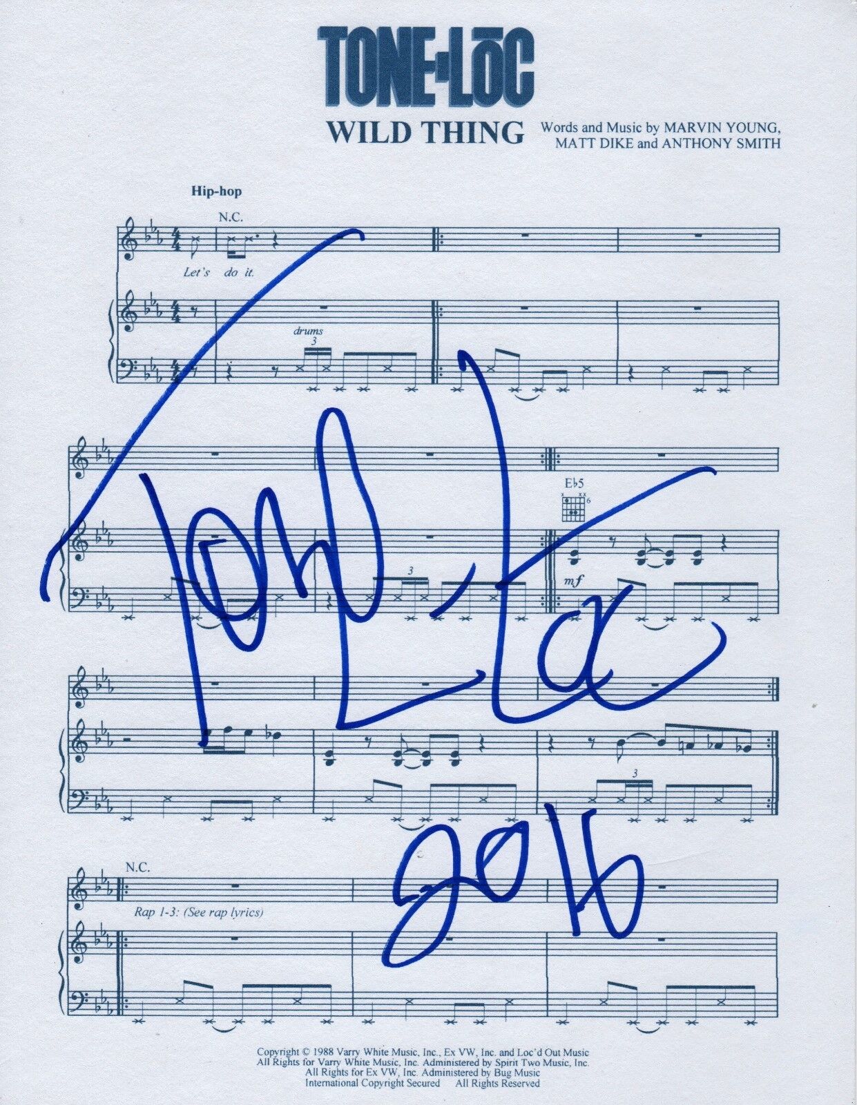 Tone Loc Rapper REAL hand SIGNED Wild Thing novelty sheet music Autographed COA