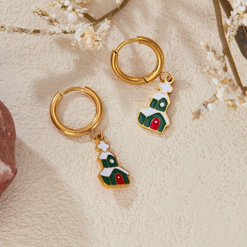 1 Pair Christmas IG Style Cute Christmas House Christmas Tree Bell Enamel Plating 304 Stainless Steel 18K Gold Plated Drop Earrings