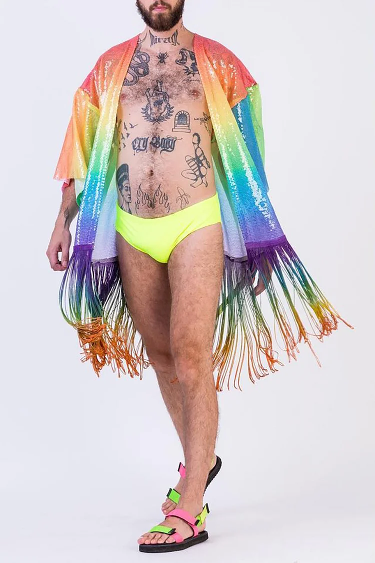 Rainbow Metallic Coated Fabric Hem Long Fringe Patchwork Kimono 