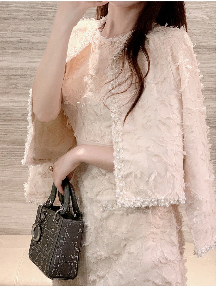 Autumn Winter Beige Tweed 2 Pieces Dress Set Pearls Outfits Women's Sleeveless Jacquard Mini Vest + Short Jacket Beaded Overcoat