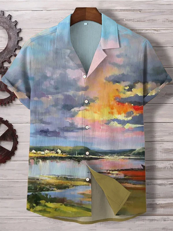Men's Natural Scenery Sunset Watercolor Art Print Shirt