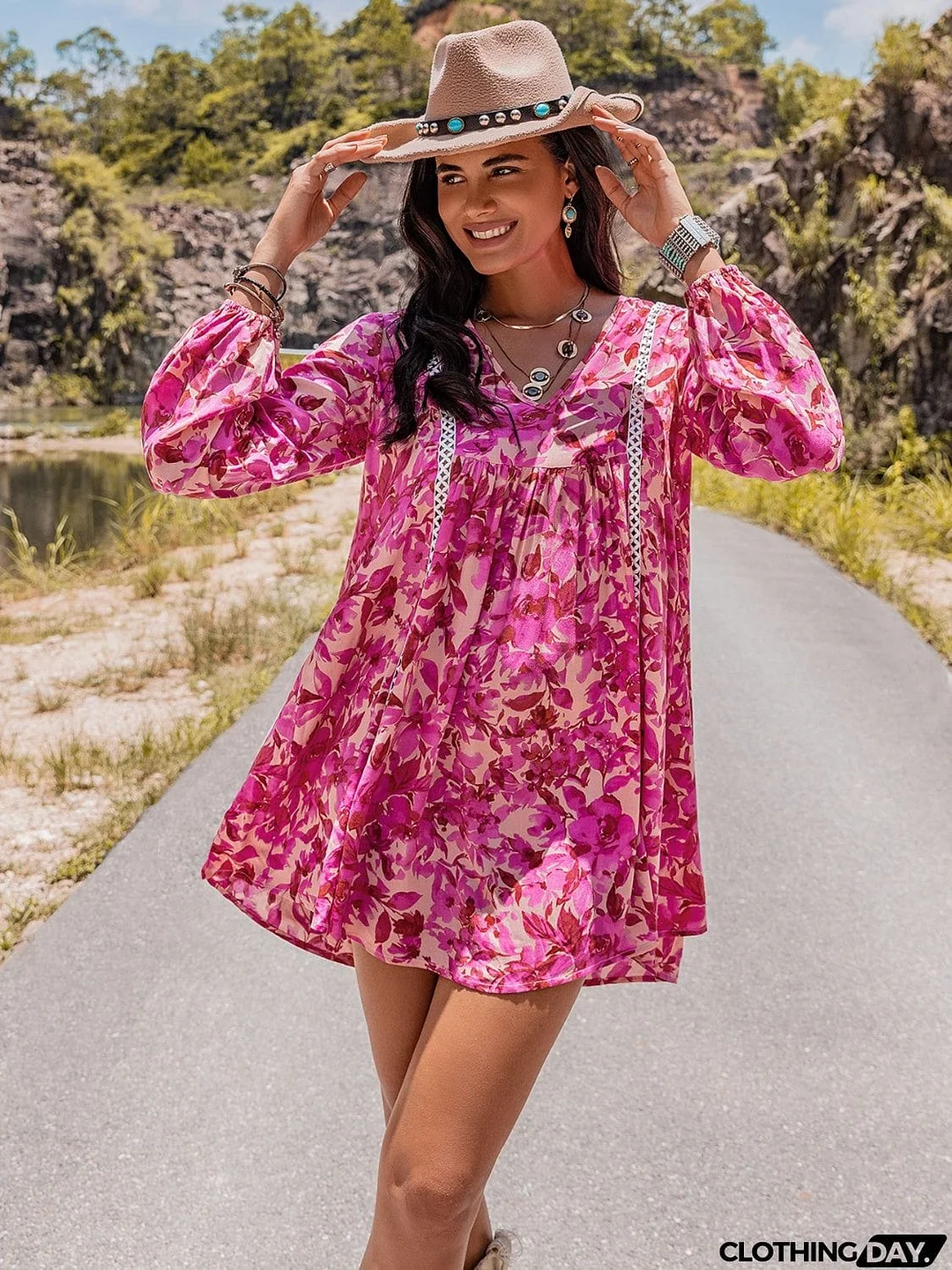 Long Sleeve V-Neck Mini Dress