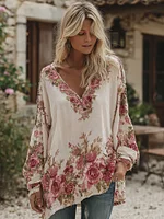 Women's Vintage Roses Print V-neck Loose Linen Blend T-shirt