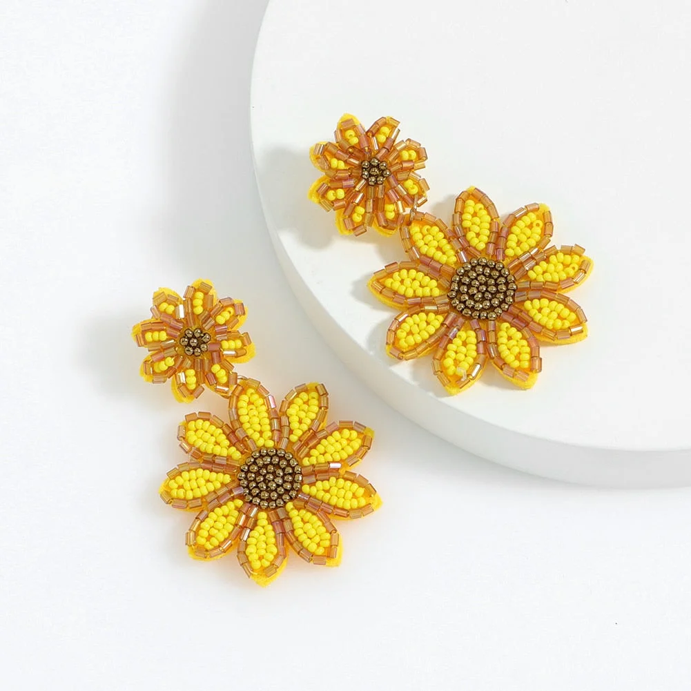 Dvacaman Sunflower Beaded Earrings for Women Fashion High Quality Handmade Beads Flower-Shaped Drop Earrings Party Jewelry Gifts