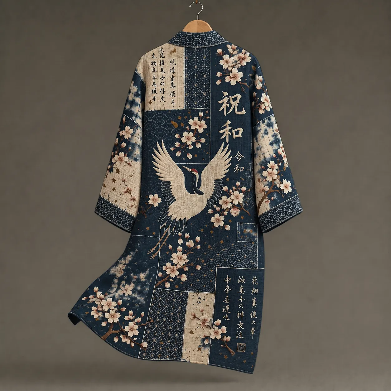 Men's Vintage Japanese Cherry Blossom And Crane Patchwork Art Linen Blend Kimono  artssus