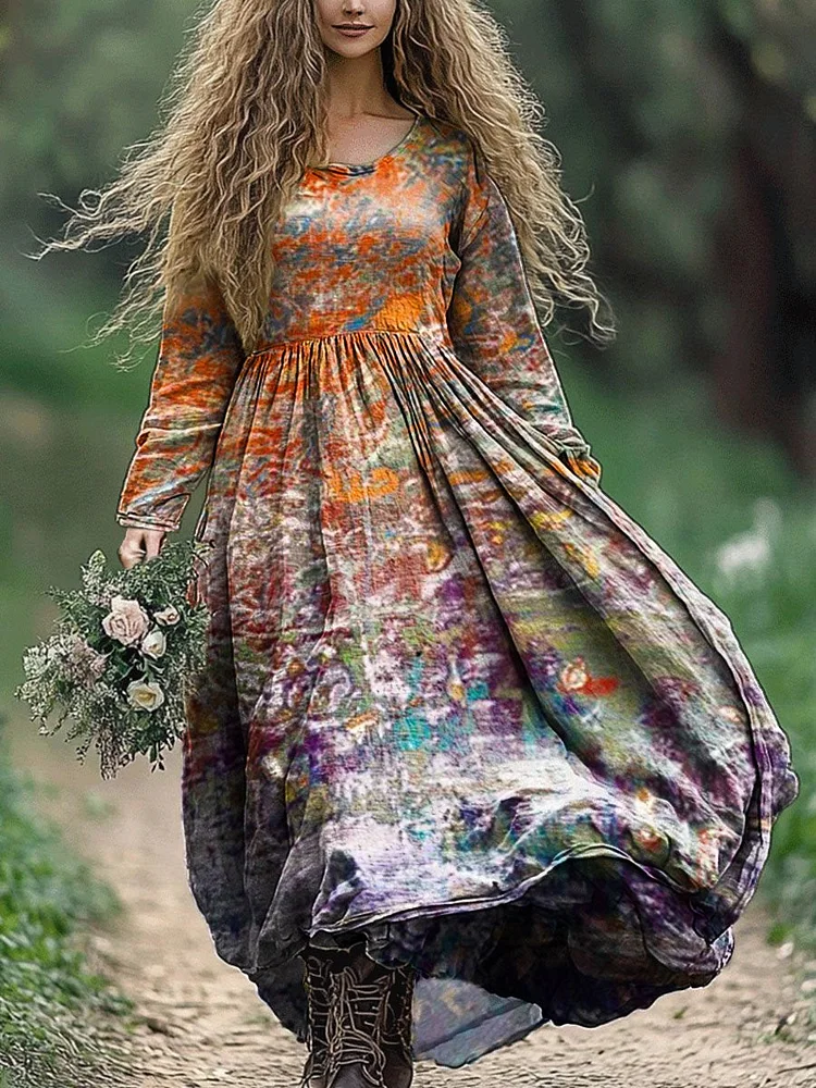 Women's Colorful Gouache Art Print Pocket Cotton Dress