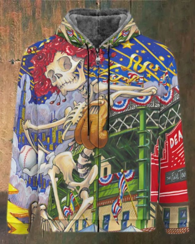 Unisex Skull Print Double Layer Fleece Zip-Up Hooded Jacket