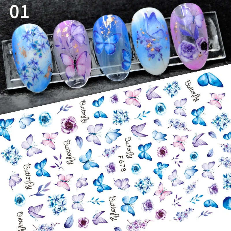 Geometric Lines Flower Leaf 3D Nail Stickers Blue Gold Cool Fall Leaves Spring Transfer Slider Nail Art Decoration Manicures-Nail Inspo