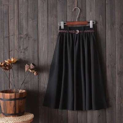 Midi Knee Length Summer Skirt Women With Belt 2019 Fashion Korean Ladies High Waist Pleated A-line School Skirt Female