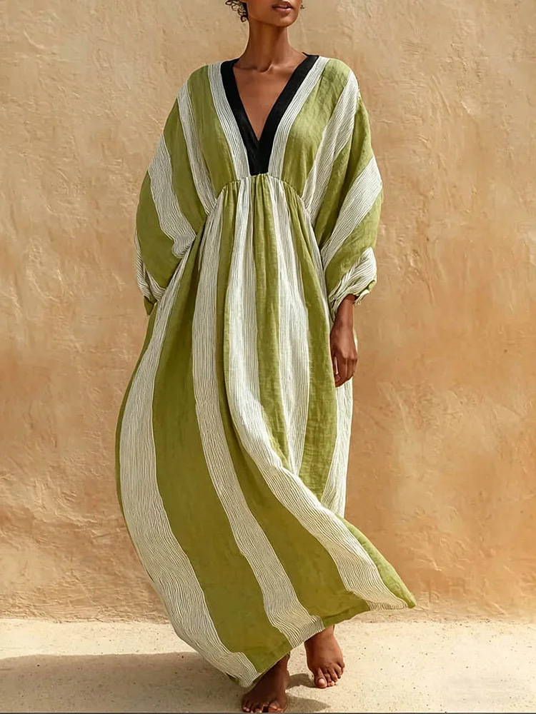 Women's Striped Print V-neck Long-sleeve Casual Loose Cotton-linen Dress