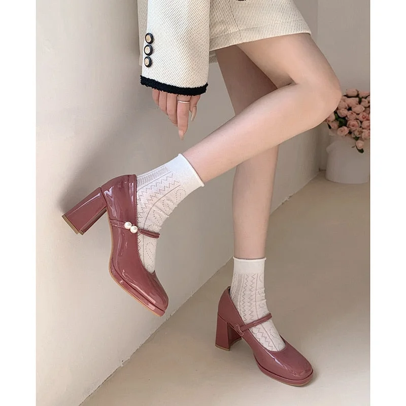 Lourdasprec Square Head Shallow Cut Retro Dress Single Shoes for Women 2023 New Spring and Autumn Red French Thick Heels women shoes