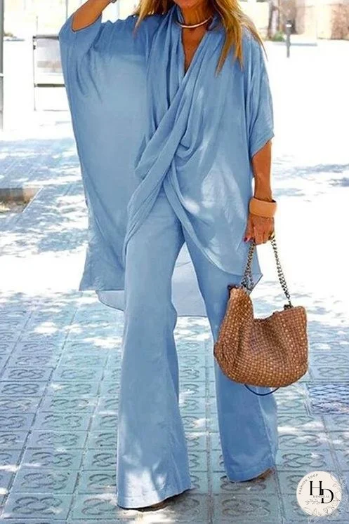 Meridress Cross Front Batwing Top and Wide Leg Pants Cotton Linen Set